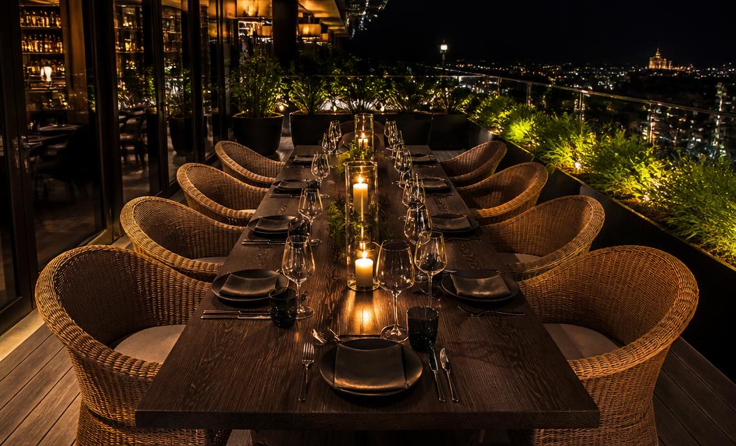 The terrace long table set for eight